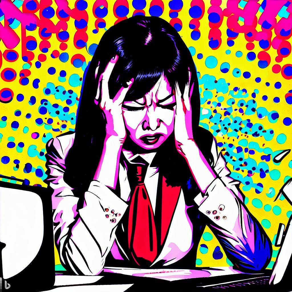 A pop art picture of a women sat at a desk, looking frustrated and stressed