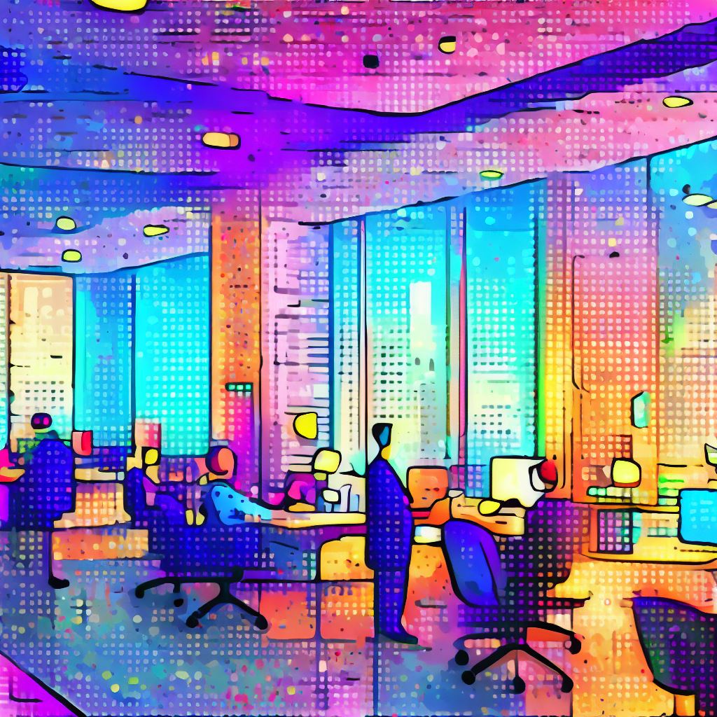 a colourful corporate office in pointillism style