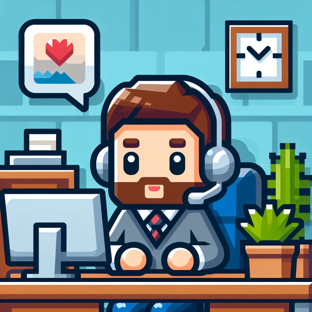 An image of a cartoon bearded man engaging in successful remote work. He is sat at a desk, with a headset on and a screen in front of him