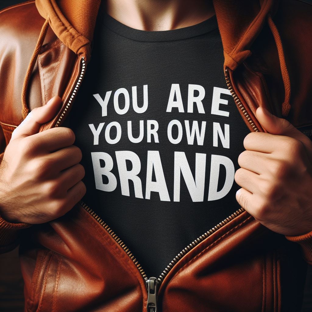 An image of a male revealing a t-shit which says 'you are your own brand' this is a metaphor for building your personal brand