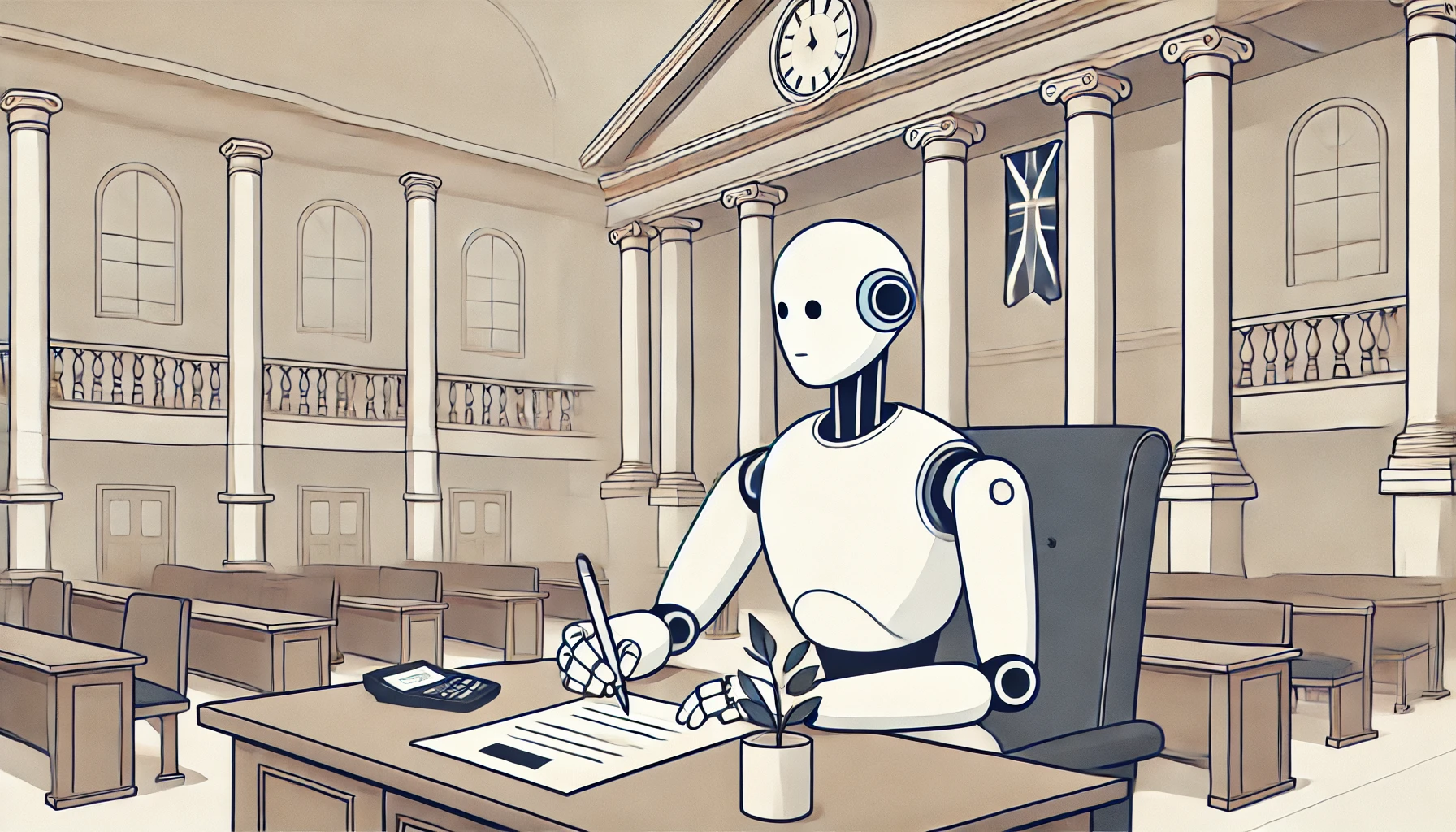 A robot sitting at a desk in a town hall